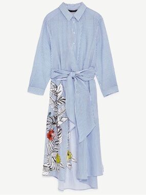 Zara Floral Bird Paradise Palm Print White & Blue Pinstripe Tunic W/ Waist Ties